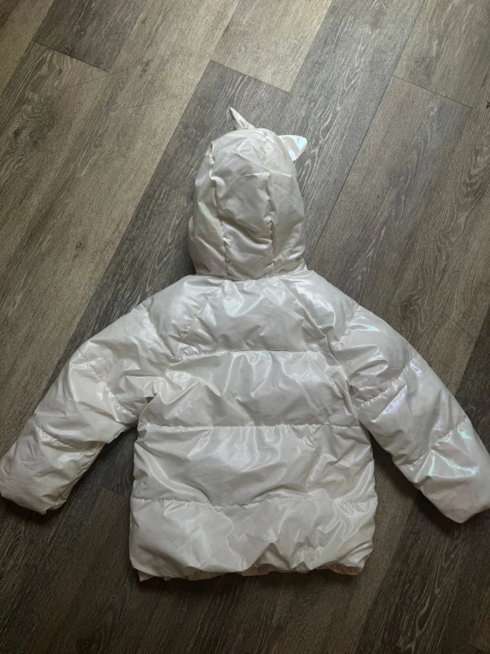 Old Navy Iridescent White Puffer Jacket with Hood and Horns
